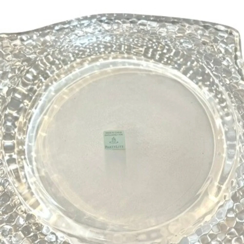 PartyLite Clear Textured Glass 3-Wick‎ Candle Holder Plate Wave Edge Table Decor